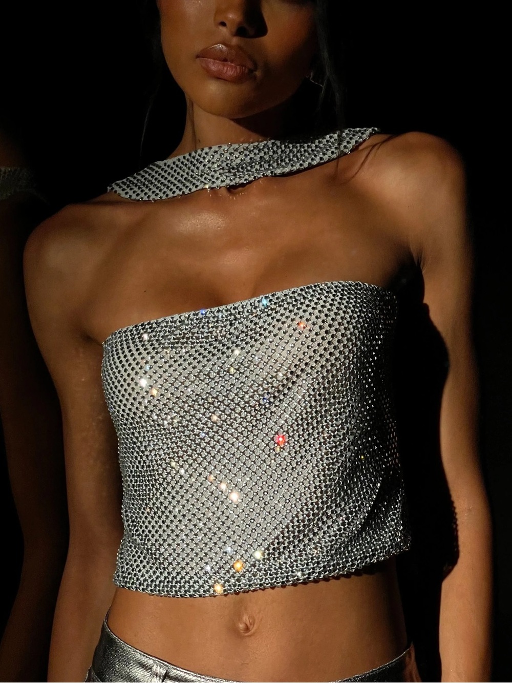 Meshki Agnes Diamante Mesh Halter Top - Silver - Size XS